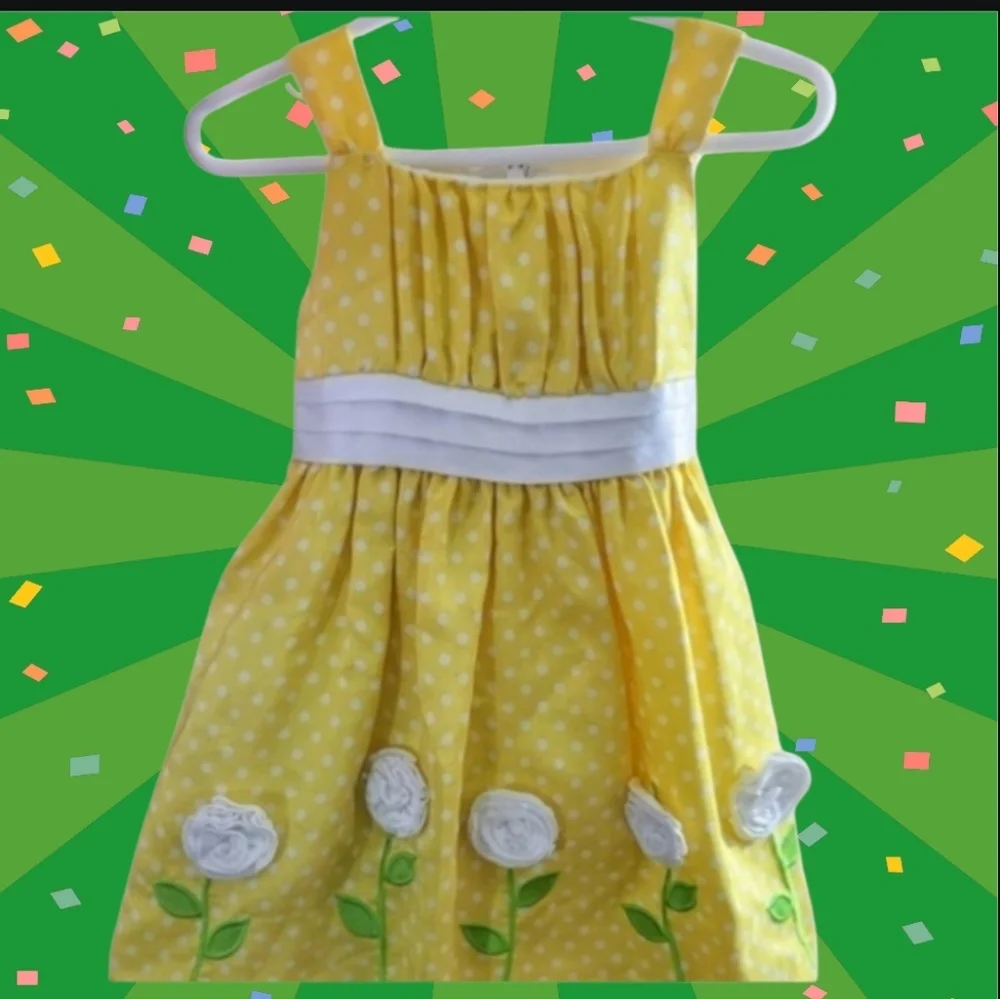 Girls Size 2T Princess Polka Dot Dress Yellow White Flowers Bow Lined Lightweigh